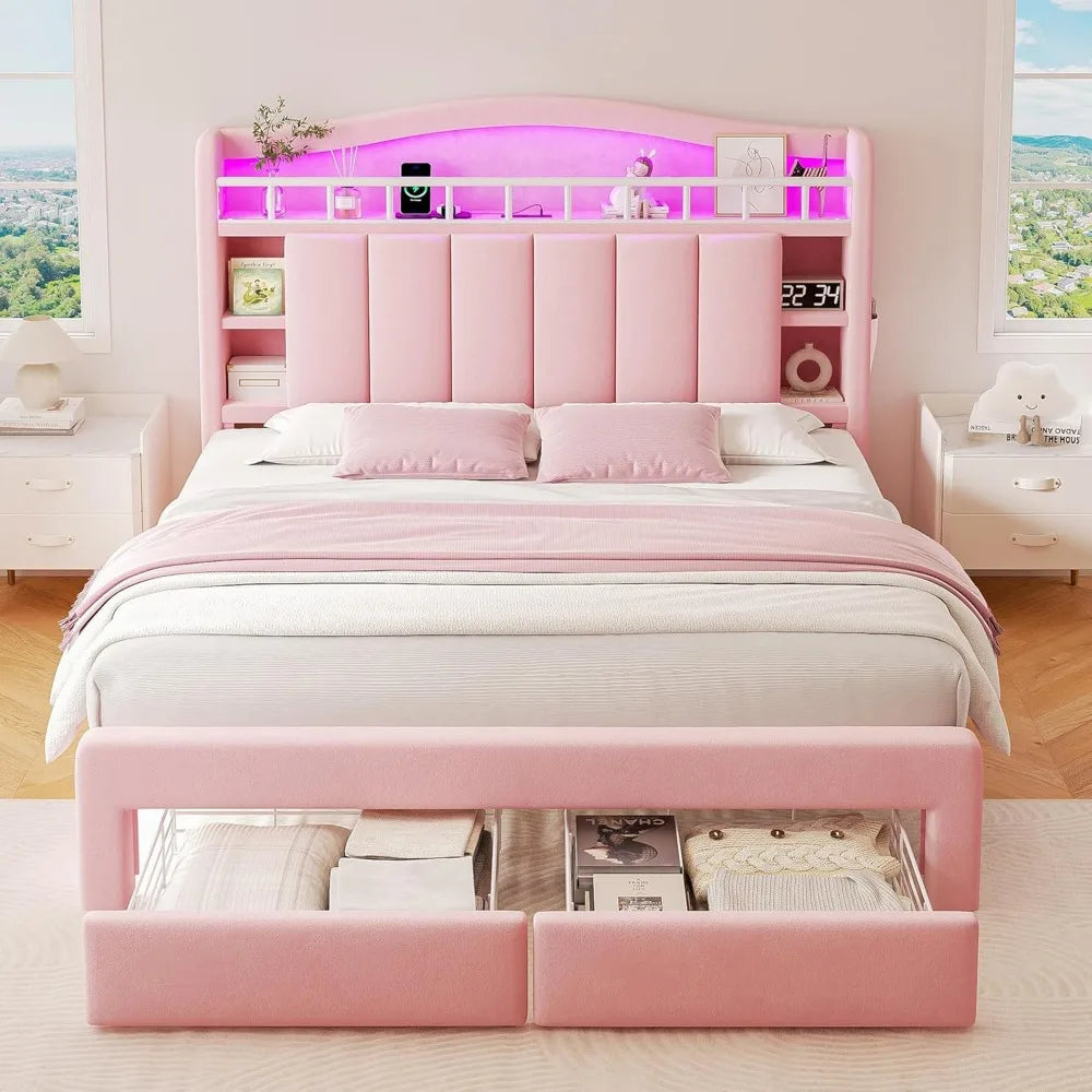 LED-Illuminated Bed Frame with Storage, Headboard & Two Drawers, Velvet Princess Bed with Vertical Tufting