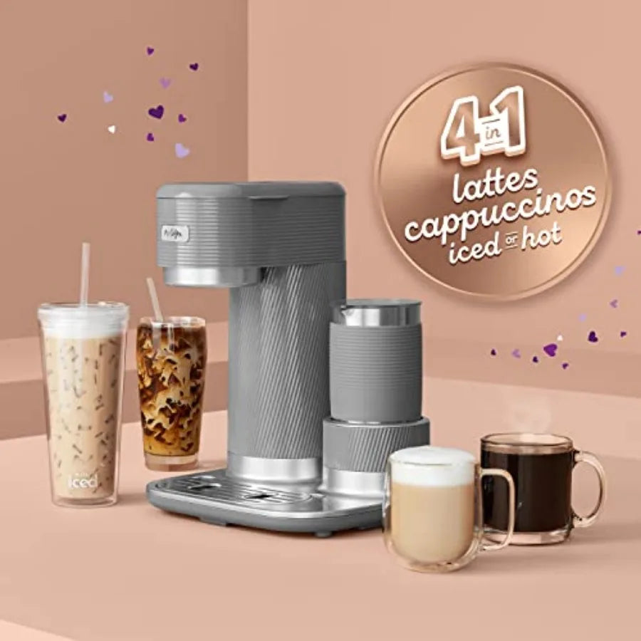 4-in-1 Latte Lux Iced Hot Coffee Maker with Built-In Milk Frother for Single-Serve Brewing 22 Ounces Capacity Perfect for Home