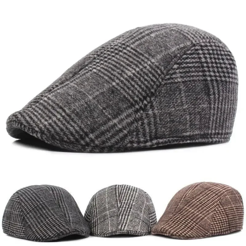 British Style  Autumn Winter Warm Gentleman Baseball Hat Berets Newsboy Painters Hat Plaid Wool Hat Unisex Cabbie Visor Flat Cap