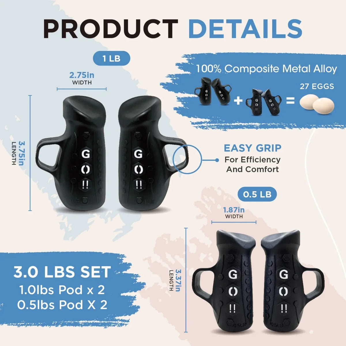Black dumbbell set includes 1lb and 0.5lb weights, ideal for warm-ups, physical therapy and gentle exercises