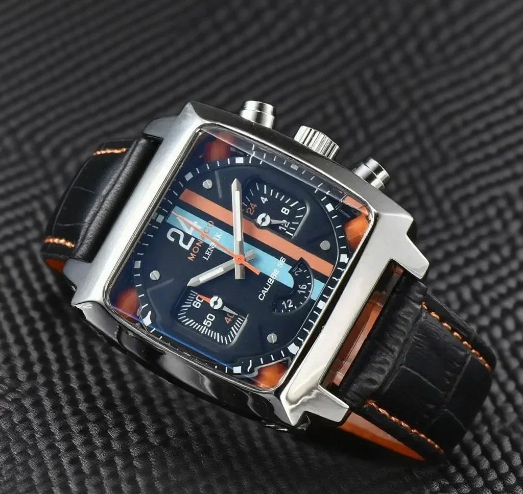 Luxury Monaco Design Square Case Leather Strap Hollow Back AAA Male Clocks Free Shipping Original Brand Fashion Watches For Men