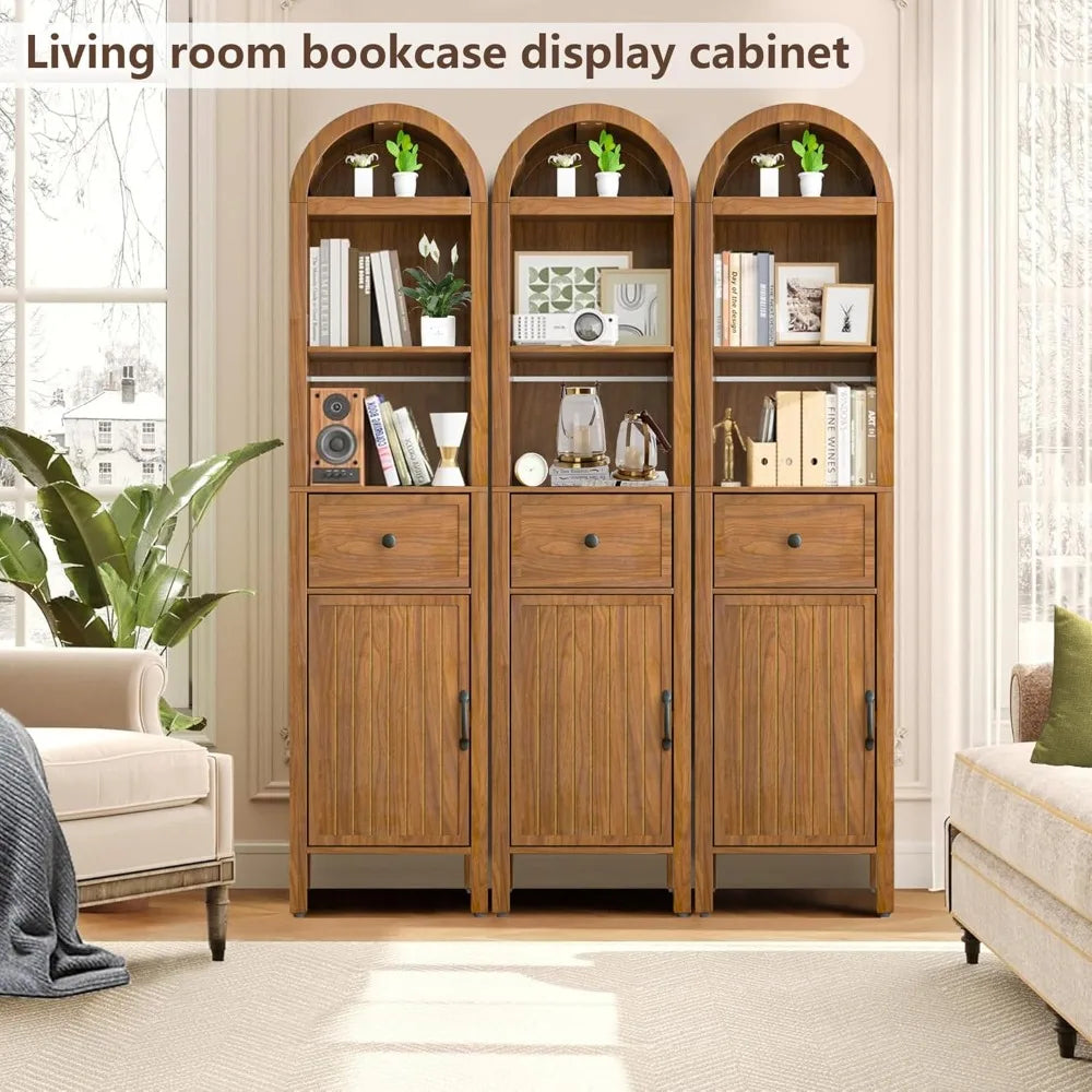 Elegant Tall Bathroom Storage Cabinet with Adjustable Shelves, Slim Arched Tower Cabinet Featuring Fluted Doors and Drawers