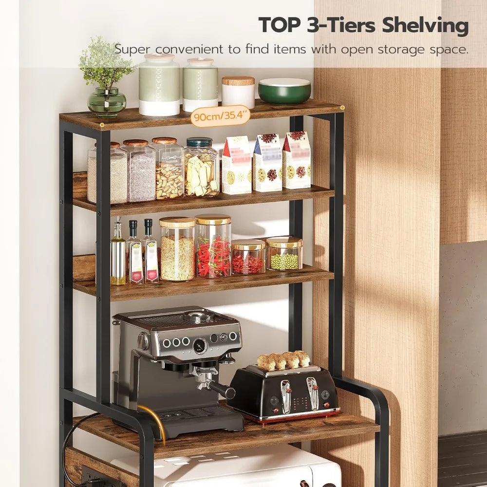 Bakers Rack with Power Outlet, 68.1inch Height Microwave Stand with 4 S-Shaped Hooks, 7-Tier Kitchen Storage Shelf Rack,