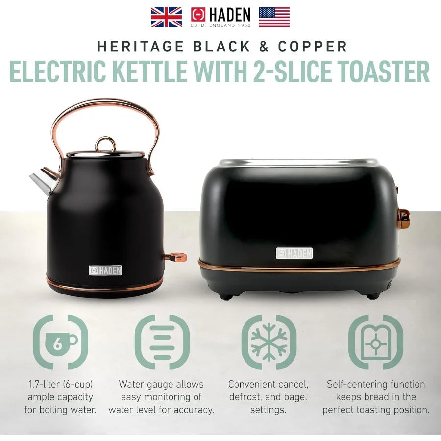 Heritage 1.7 Liter Stainless Steel Electric Water Kettle Bundled with 2 Slice Wide Slot Stainless Steel Toaster Black Copper