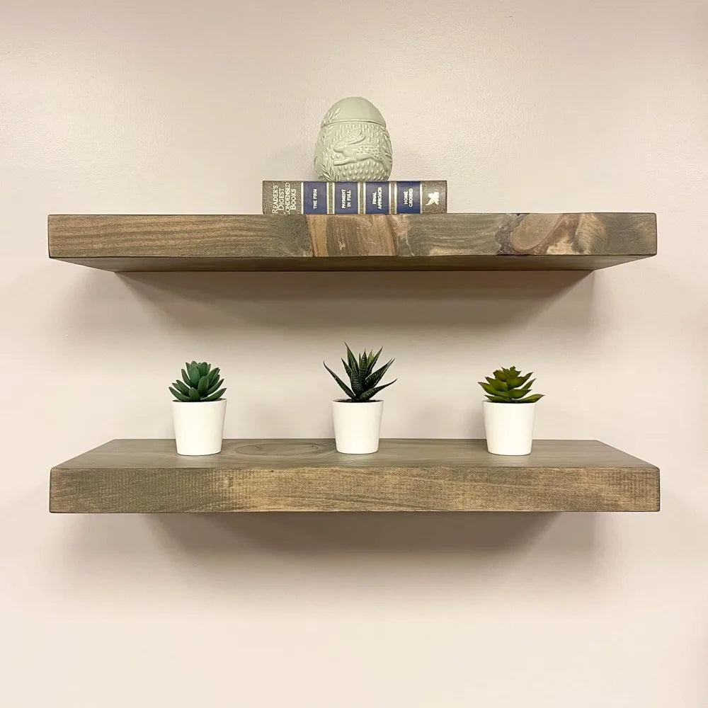 Solid Wood Heavy Duty Rustic Floating Shelves Set of 2 with Hidden Brackets, Wall Mounted, Grey, 12 Inches Wide x 6 Inches Deep,