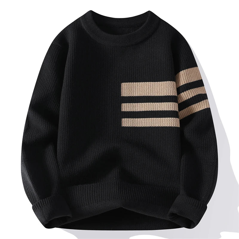 Men's Autumn/Winter Round Neck Fashion Versatile Sweater Knitwear with Fleece and Thickened Warm Sweater for Middle-aged