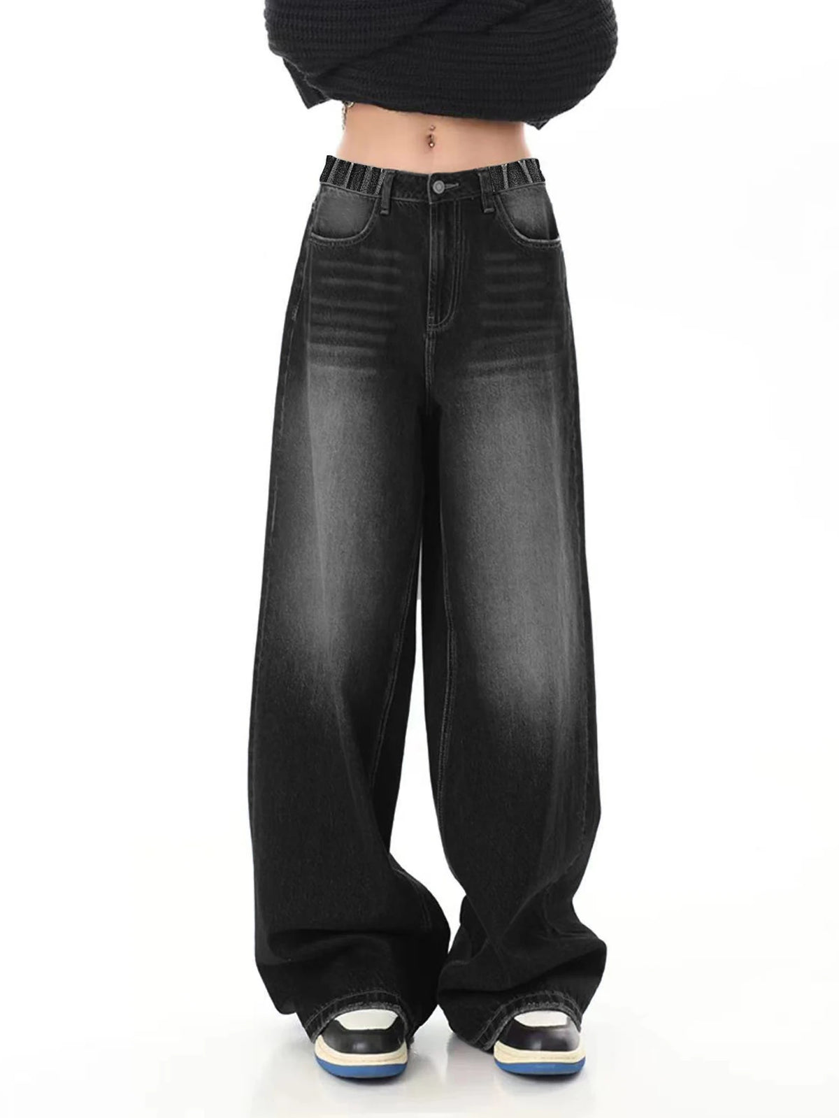 Vintage black washed loose straight-leg jeans for girls - a casual, long, wide-leg fashionable pants