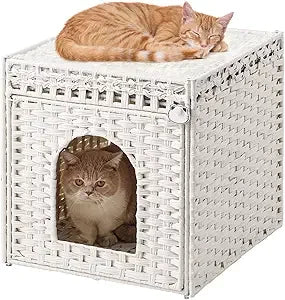Cat Beds for Indoor Cats Extra Large Double Cat Cave Pet Cube, Handwoven Rattan Cat Houses with Double-Sided Soft Cushions, 18.5