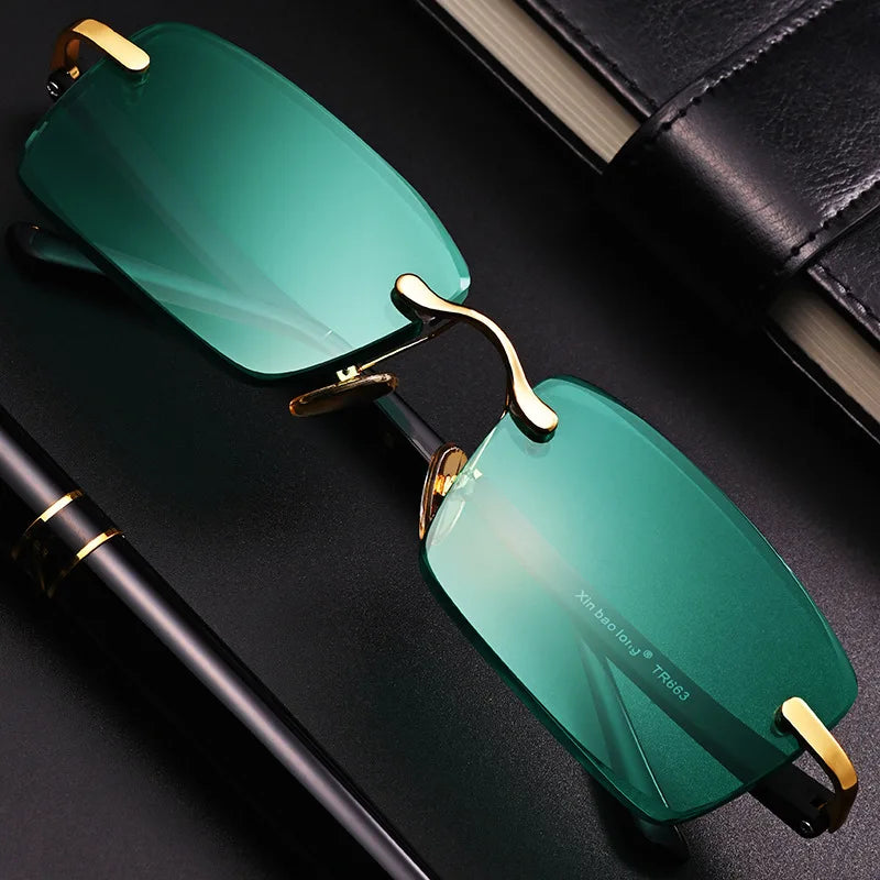 Fashion Square Rimless Sunglasses Women Men Crystal Dark Green Lens Sun Glasses Retro Glasses Outdoor Driving Eyeglasses