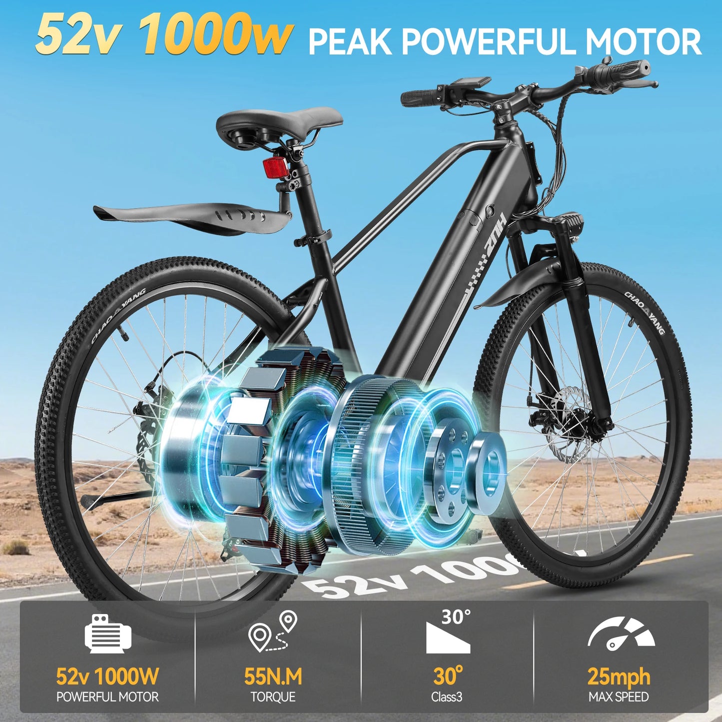ZNH Electric Bicycle for Adults,1000W Peak Motor,48V,20MPH,26" Electric Bike,7-Speed,50 Miles,E-bike UL 2849