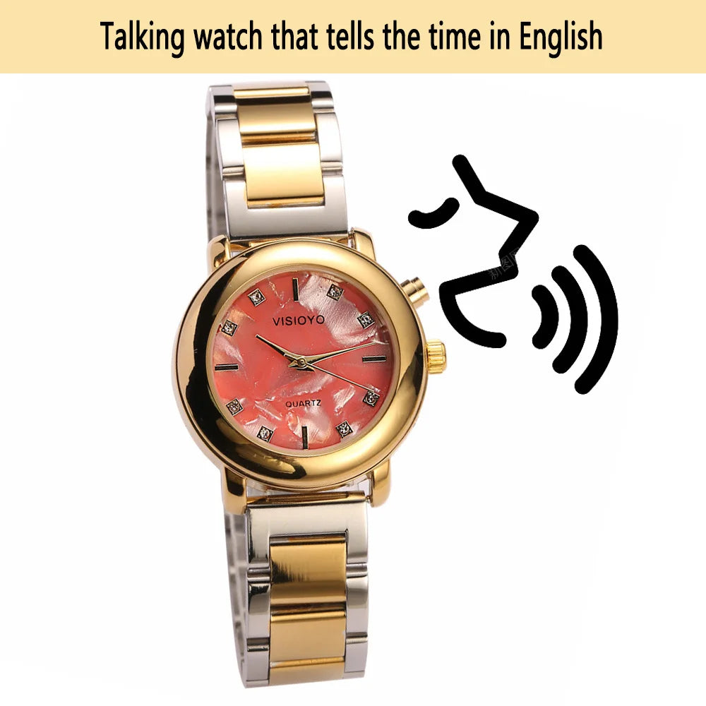 English Talking Ladies Watch Blind Elderly Visually Impaired Clock and Watch with Date Alarm Whole Time Chime Function
