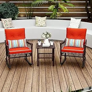 3-Piece Patio Furniture Set,Outdoor Rocking Chairs Set of 2, Patio Conversation Set with 2 Wicker Chairs with Rattan Coffee Tabl