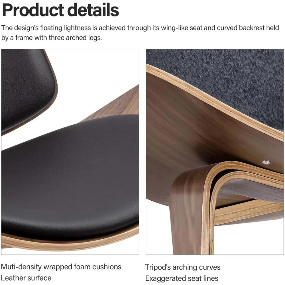 Mid Century Modern Shell Lounge Chair, PU Leather, Tripod Plywood Classic Design Solid Wood Accent Chairs for Living Room