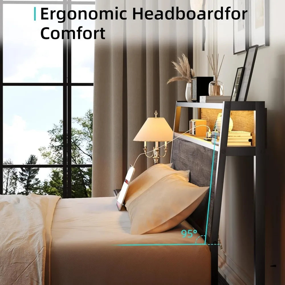 Twin Size Bed Frame with Built-in Charging Port and LED Lighting, Twin Bed Platform with Storage Headboard and Strong Steel Slat