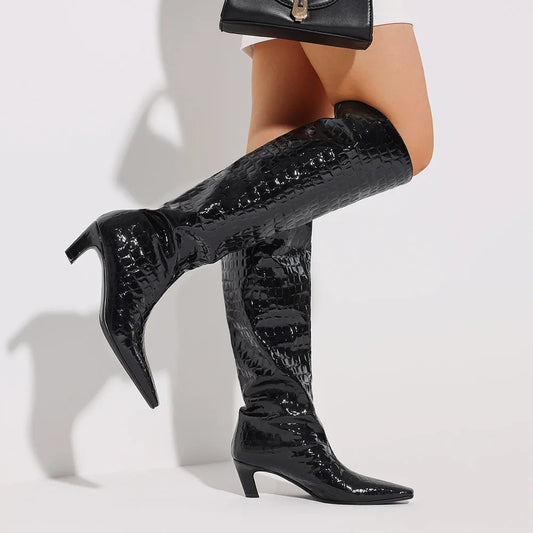 Stylish Women Knee High Boots Point Toe Kitten Med Heels Slip-On Sexy Party Street Wide Calf Boots For Woman Fashion Shoes