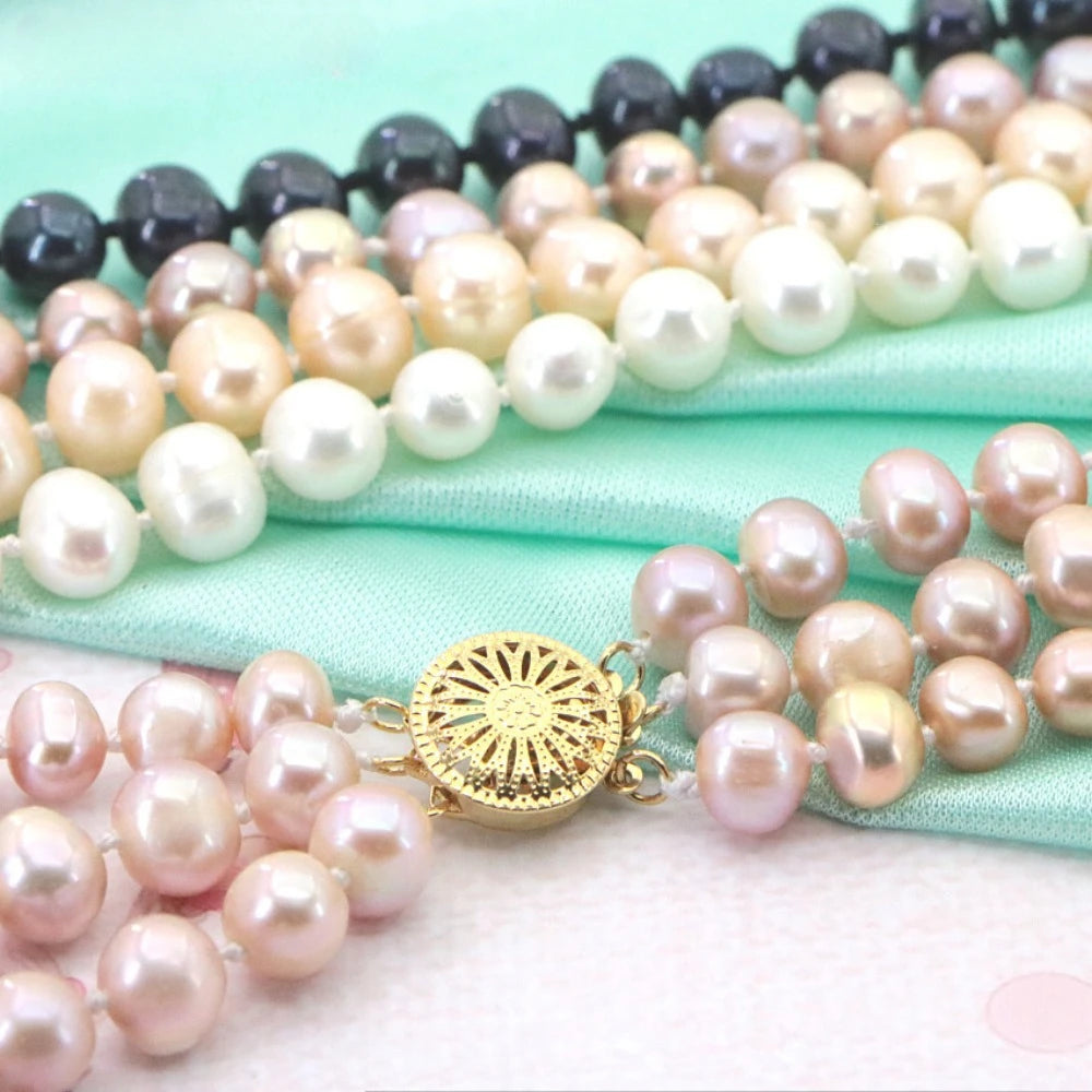 3 Rows Freshwater Pearls Necklace Wedding Jewelry Set for Women 7-8mm Beads Multicolor Selection Birthday Party Clavicle Chain