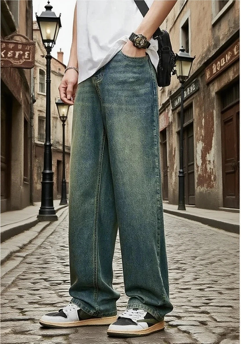 New Streetwear Loose Jeans Men Korean Fashion retro Denim Pants Solid wash Casual straight tubeTrousers Men Brand Clothing Wear