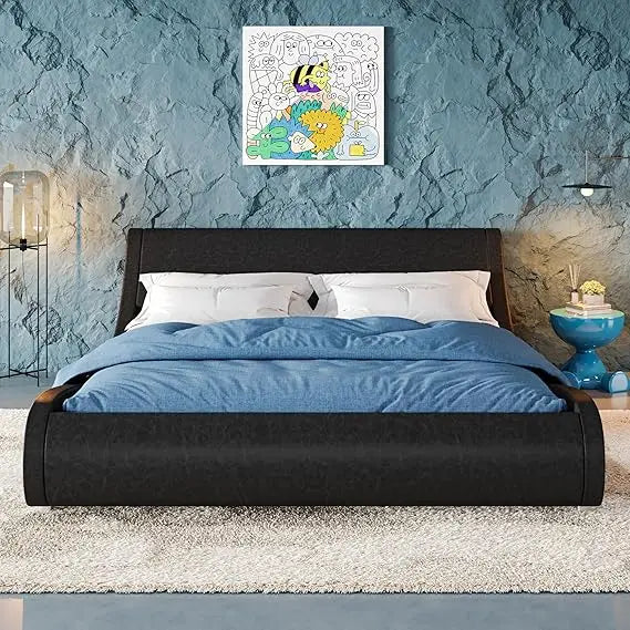 Allewie Upholstered Queen Size Platform Bed Frame Modern Low Profile Sleigh Bed with Faux Leather Adjustable Headboard, Wood Sla