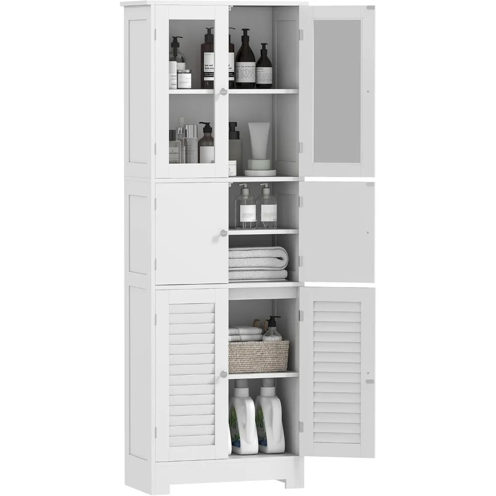 67 Inch Tall Freestanding Bathroom Cabinet with Glass and Louvered Doors for Storage and Adjustable Shelves