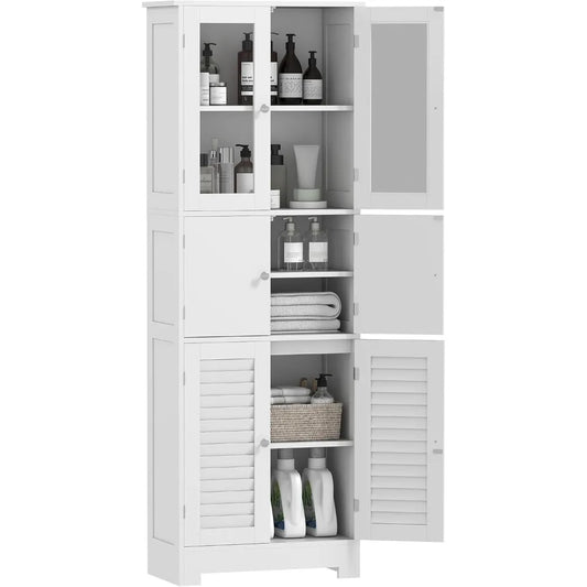 67 Inch Tall Freestanding Bathroom Cabinet with Glass and Louvered Doors for Storage and Adjustable Shelves