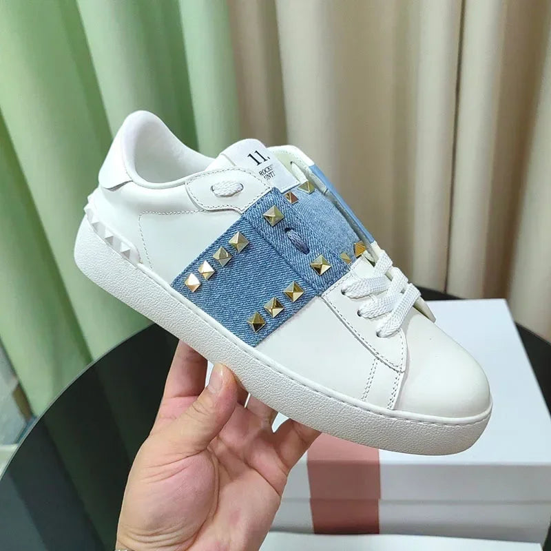 VT Vintage Men Casual Shoes Sports Rivet White Shoes Genuine Leather Fashion Women Men Trendy Couple Sneakers