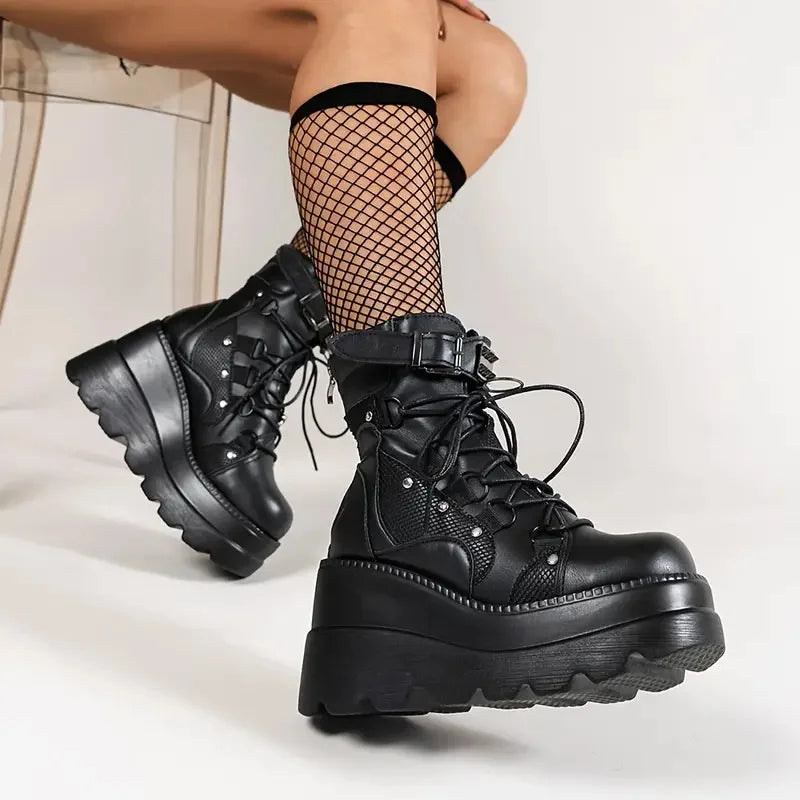Women's Goth Cosplay Wedge Combat Ankle Boots Fashion Stylish Punk Buckle Lace-up Zipper Dress Boots Ladies Summer Outdoor Shoes