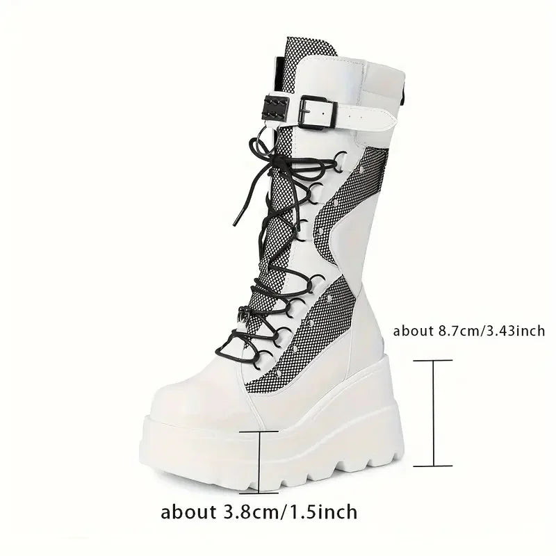 Women Goth Combat Boots Punk Boot Casual Wear Fashion Footwear with Lace-Up & Zipper Closure Wedge Heel Platform Ankle Boots US