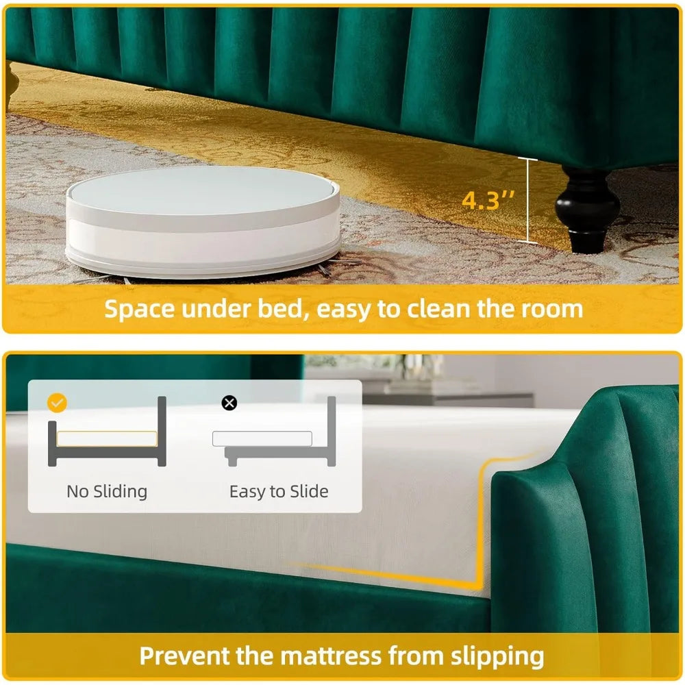 Queen Size DWVO Platform Bed Frame with 60 Tall Velvet Wingback Headboard and Footboard, LED Lighted, Solid Wood Construction