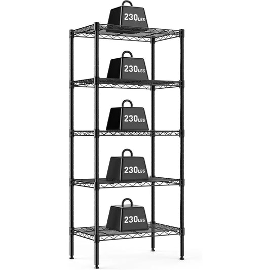 5-Tier Adjustable Metal Wire Storage Shelves, Heavy Duty Steel Rack for Kitchen Bathroom Garage, Black