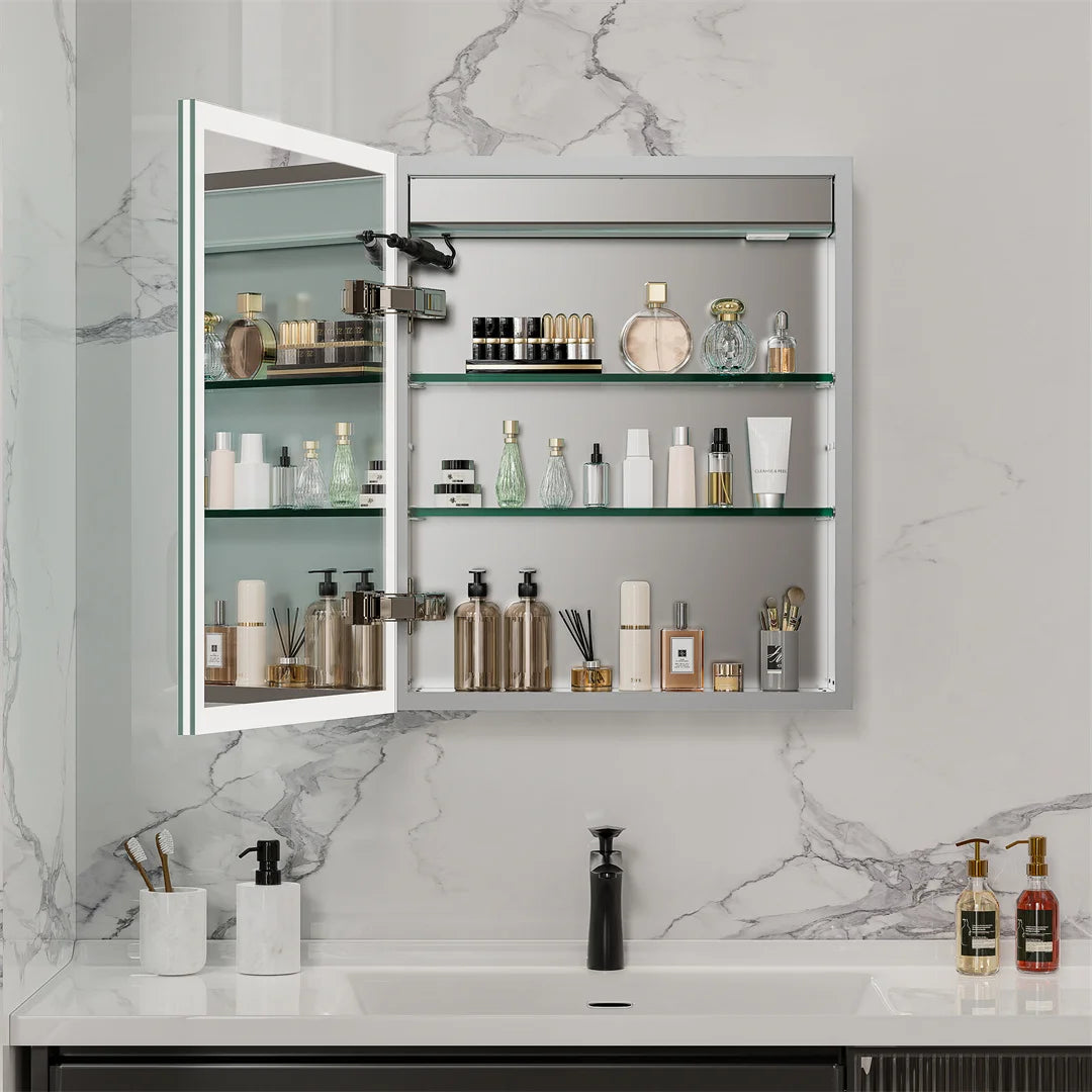Bluetooth Bathroom Mirror Cabinet Wall Mounted LED Light Mirror Medicine Storage Cabinet Organizer with Build-in Socket Defog