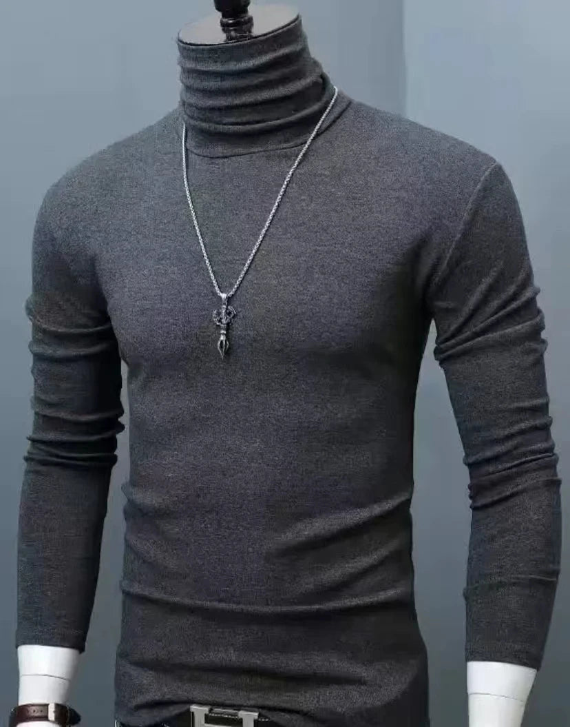 Spring New Men's Turtleneck T-shirt Long Sleeve Slim Fit Solid Color High Elastic Bottoming Pullovers Basic Style Male Tops
