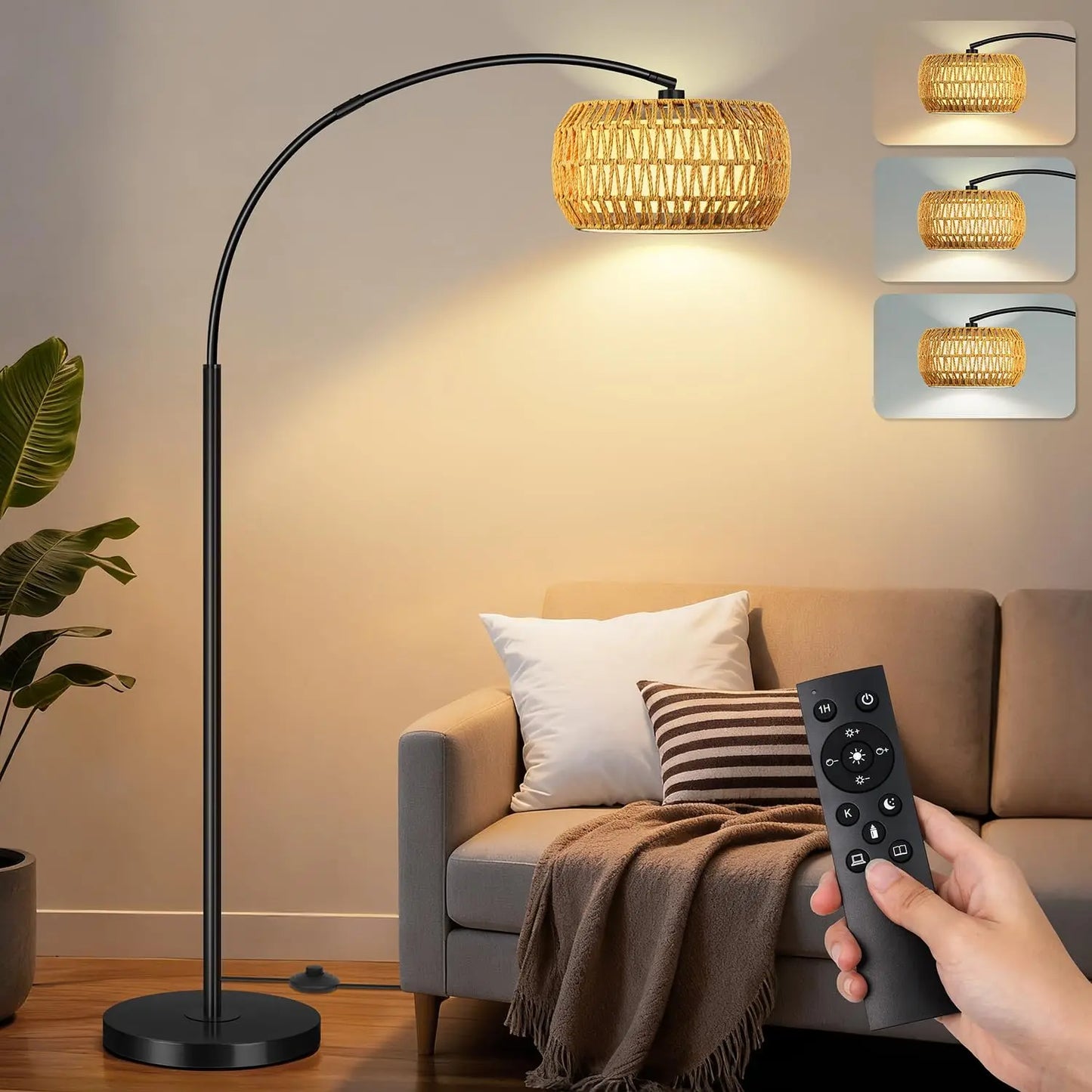 Arc Floor Lamp, Rattan Boho Standing Lamp with Remote, 3-Temperature Dimmable LED, Black Floor Light for Living Room, Bedroom, C