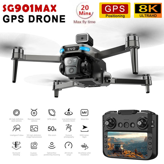 Drone Professiona 4K Dual Camera GPS Brushless Intelligent Obstacle Avoidance with Mapping Screen Control RC Drone SG901 PRO MAX