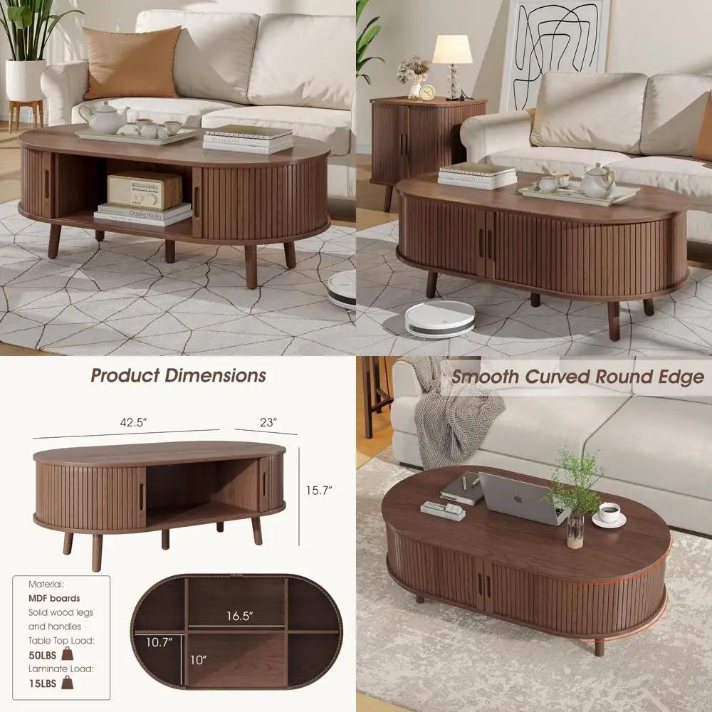 mid-century modern coffee table with sliding door and fluted hidden storage