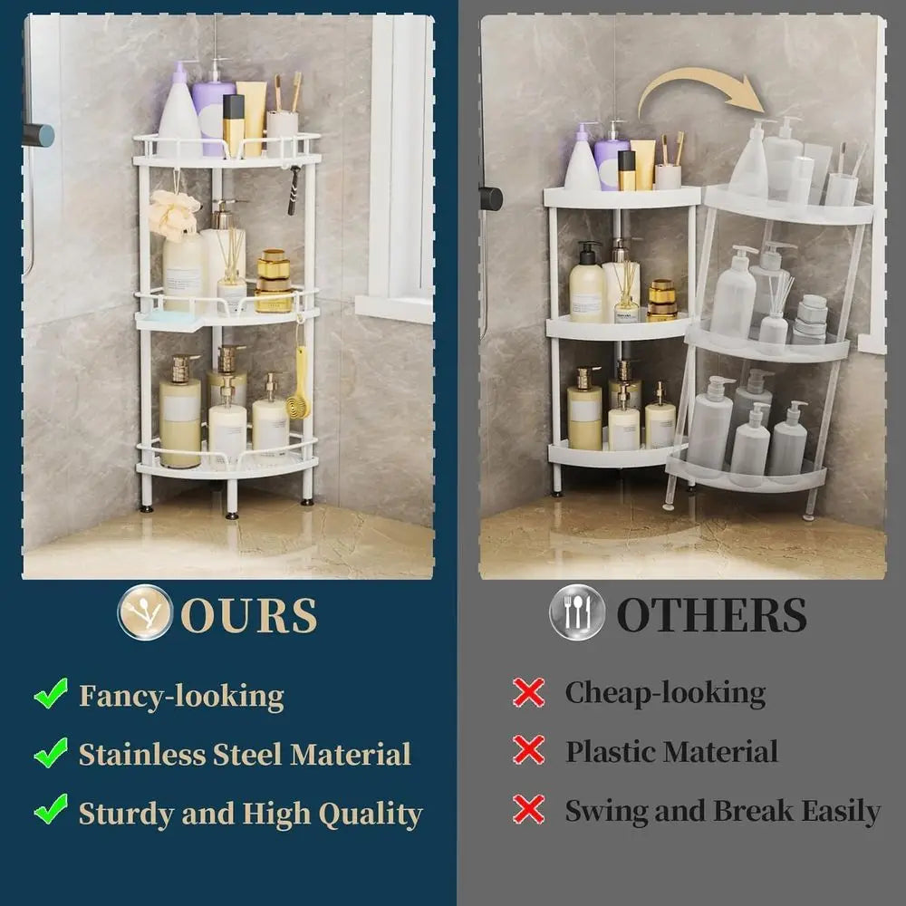 3-Tier Corner Shower Organizer with Soap Dish, Adjustable Floor Rack, Hooks, White Bathroom Shelf