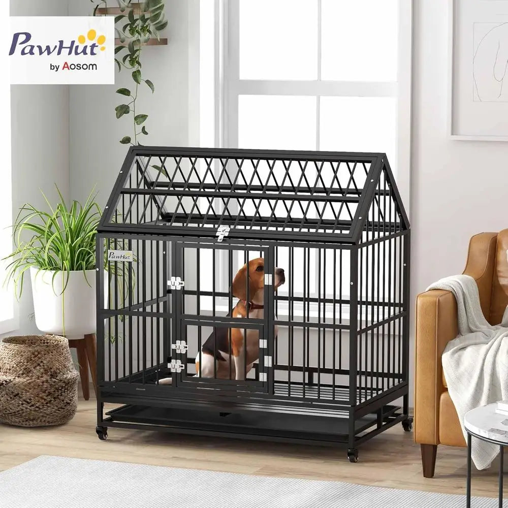 Sturdy Steel Dog Crate for Large Breeds with Wheels, Removable Tray, and Double Doors - Black
