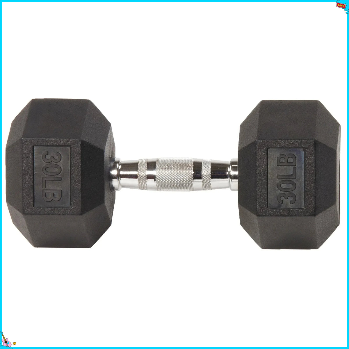 Rubber Encased Hex Dumbbell, Anti-Roll, Black, 30 lb, Assembled Product Weight, Single