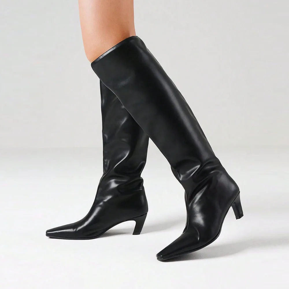 Stylish Women Knee High Boots Point Toe Kitten Med Heels Slip-On Sexy Party Street Wide Calf Boots For Woman Fashion Shoes