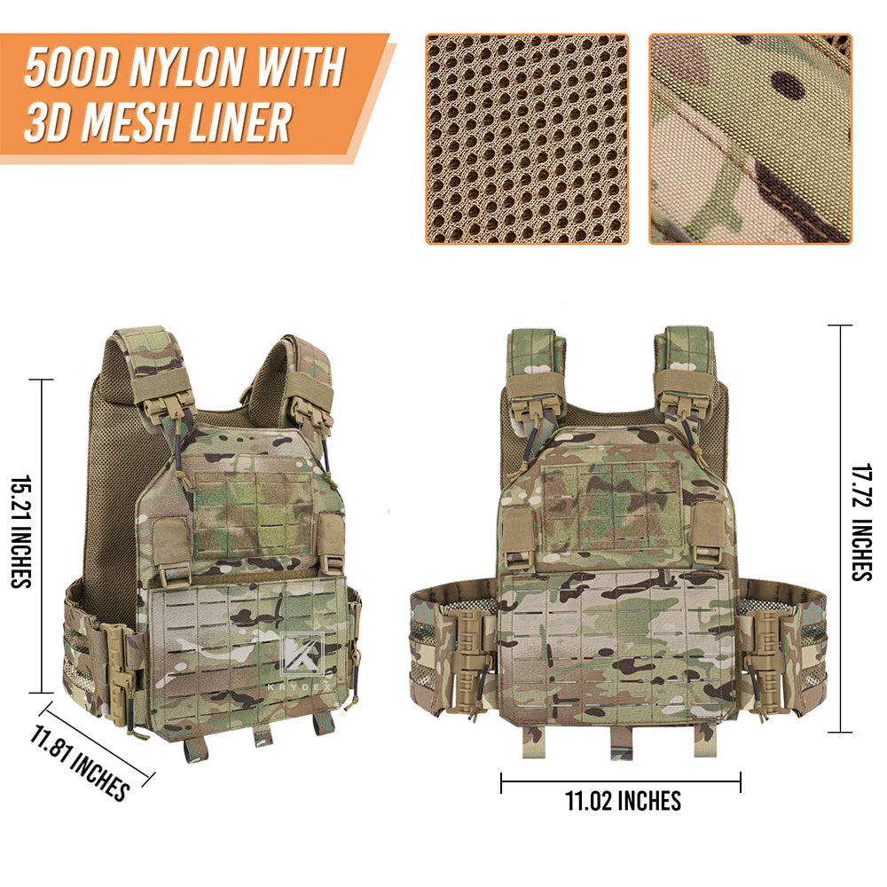 KRYDEX Tactical Vest Molle Laser Cut Front Panel Flap Plate Carrier Quick Release Tube Cummerbund Shoulder Hunting Gear Camo MC