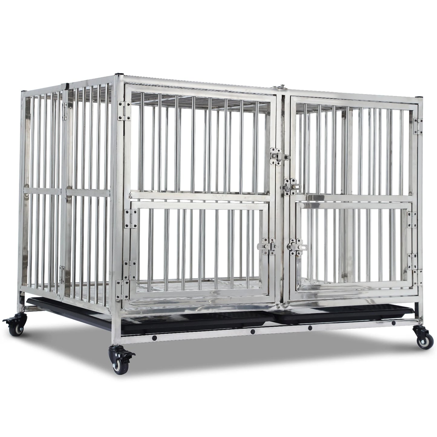 48" Heavy Duty Dog Crate Cage Kennel with Wheels, Full Stainless Steel High Anxiety Indestructible Dog Crate,Sturdy Locks Design