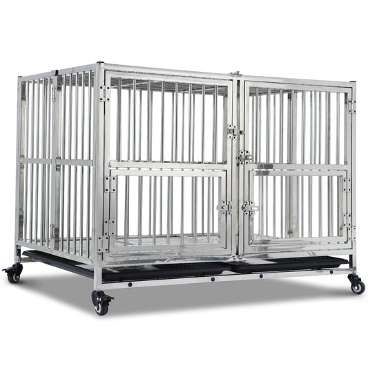 48" Heavy Duty Dog Crate Cage Kennel with Wheels, Full Stainless Steel High Anxiety Indestructible Dog Crate,Sturdy Locks Design