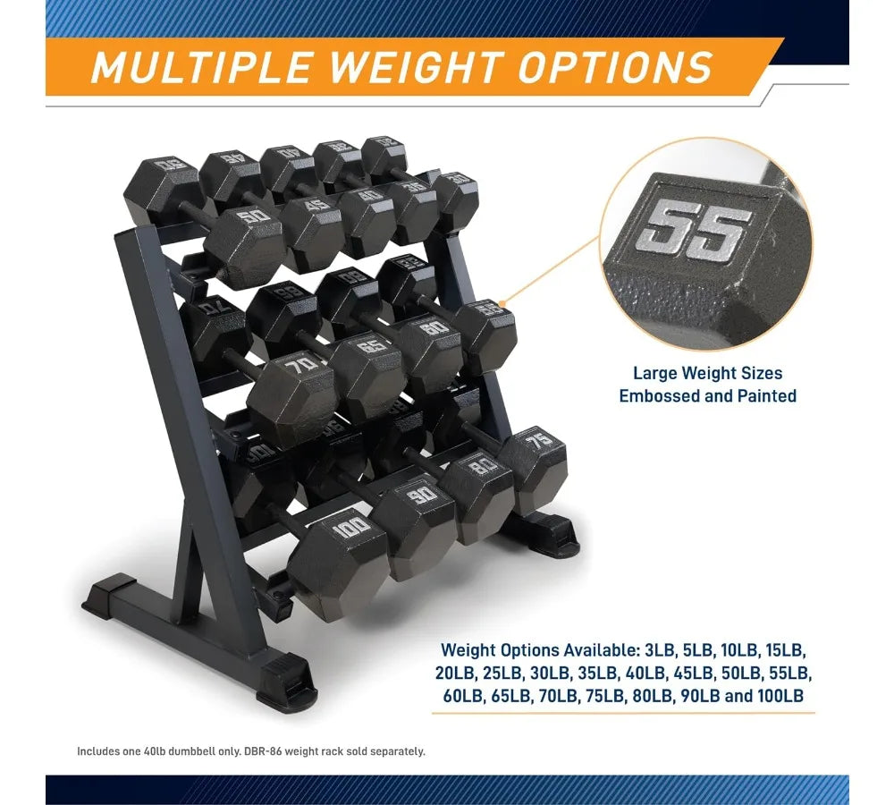 Hexagonal Cast Iron Dumbbells 3-100lbs - Non-Roll Design, Space Saving, Full Body Workout for Home Gym