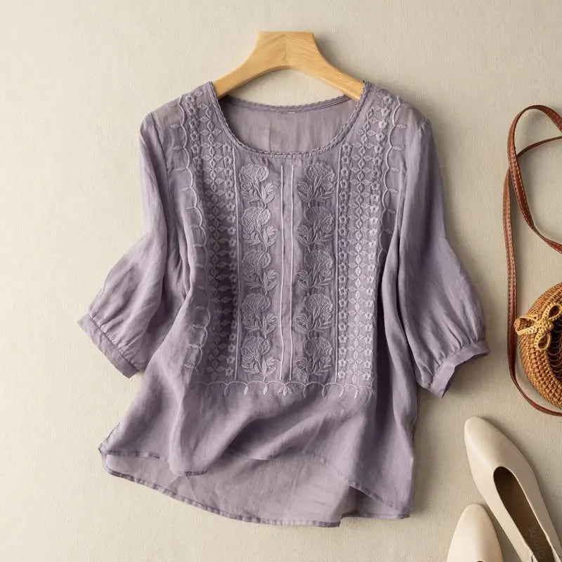 Women's Clothing Vintage Lace Embroidery Cotton Linen Shirt Summer Simple Casual O Neck Half Sleeve Blouses Irregular Loose Tops