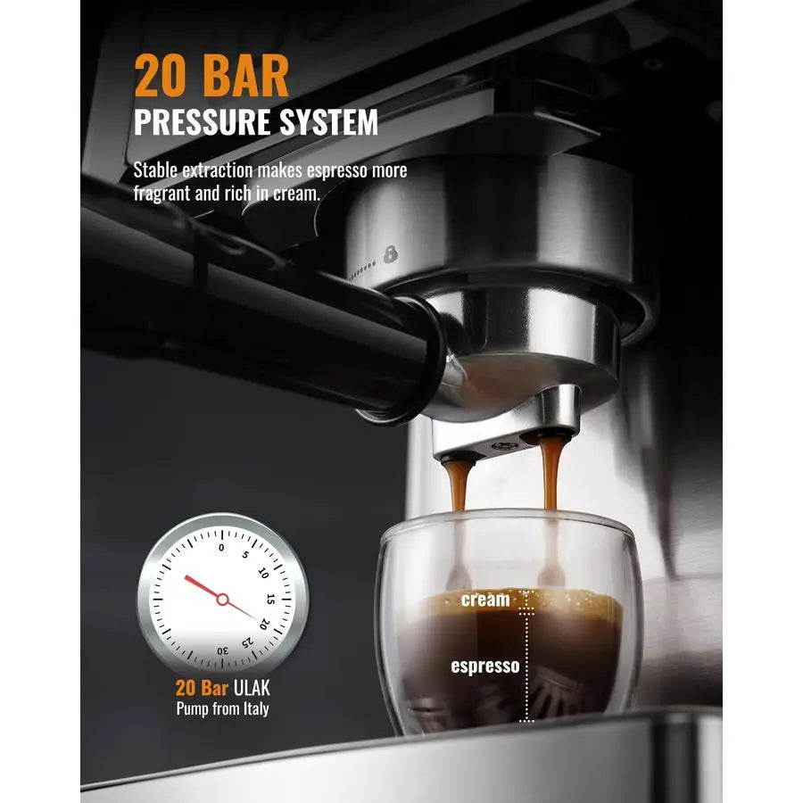 20Bar Espresso Machine for Home Barista, BuiltIn Steam Wand for Latte amp Cappuccino, Stainless Steel Coffee Maker with Temp Dis