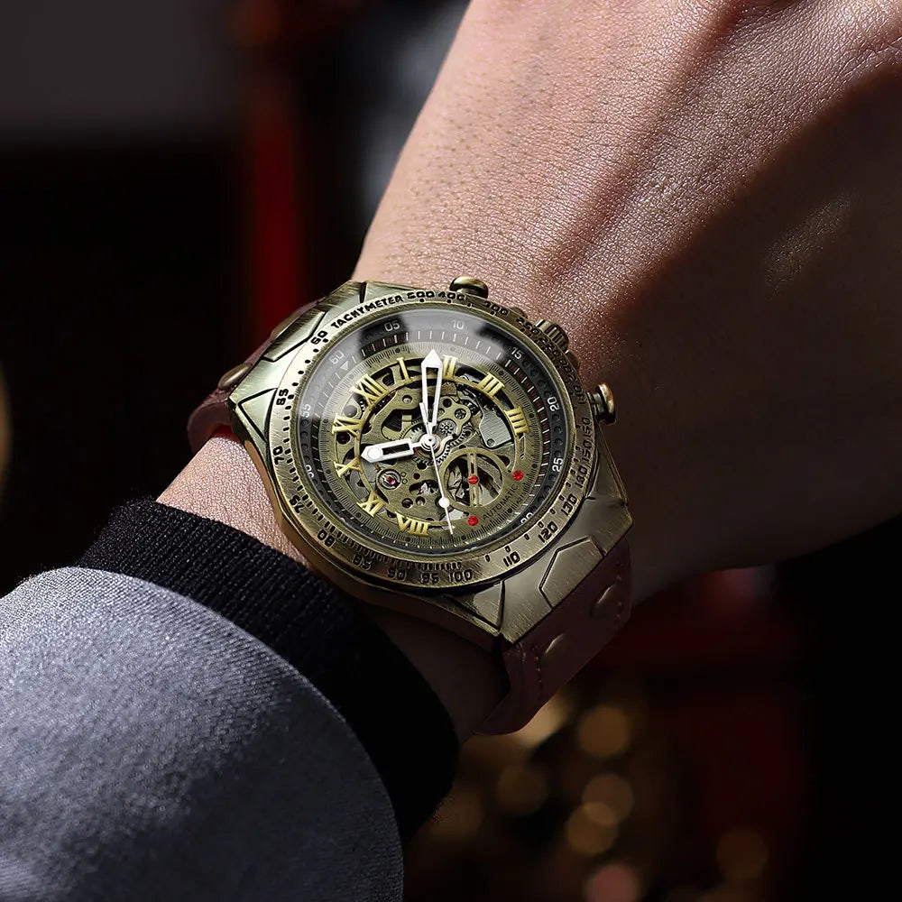 Men Mechanical  Watch Business Retro Trend Bronze Leather Strap Automatic Mechanical Watch Waterproof Male Fashion Clock Watches