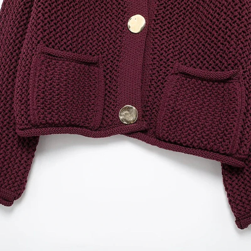 CLAZZAA Women Fashion With Pockets Solid Single Breasted Knitted Sweater Vintage O-Neck Long Sleeves Female Chic Lady Outfits