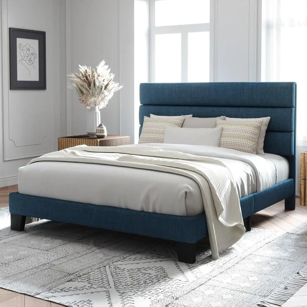 Navy Blue Queen Platform Bed Frame with Fabric Headboard, Wooden Slats, No Box Spring Needed, Easy Assembly