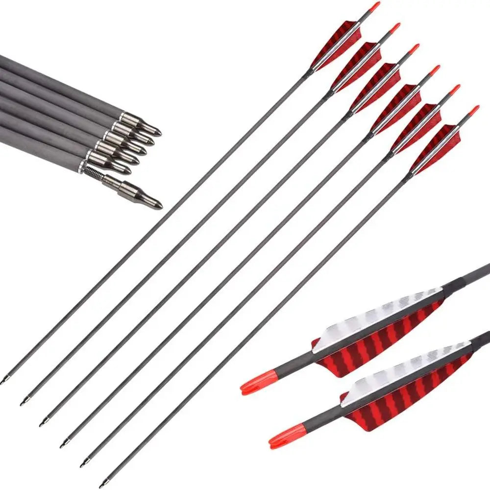 Carbon 600-700 Spine 30 Turkey Feather Fletched Arrows with Screw-In Points for Traditional, Recurve, and Compound Bows Hunting