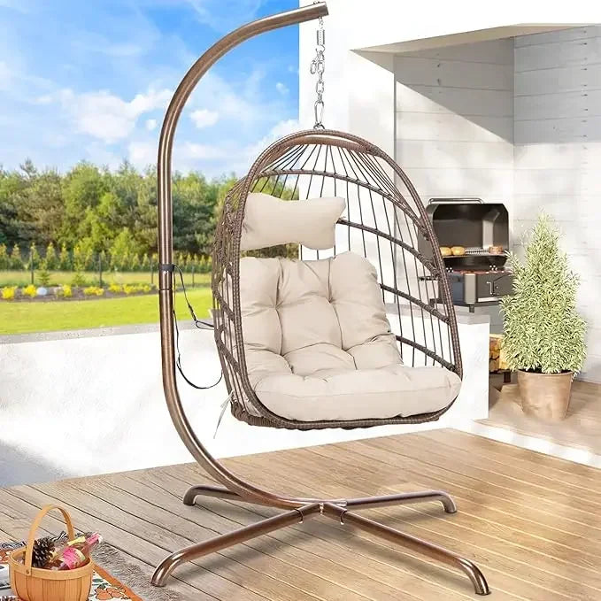 Rattan Wicker Hanging Egg Chair with Stand for Patio Swing Chair with Cushion And Pillow for Indoor Outdoor Use