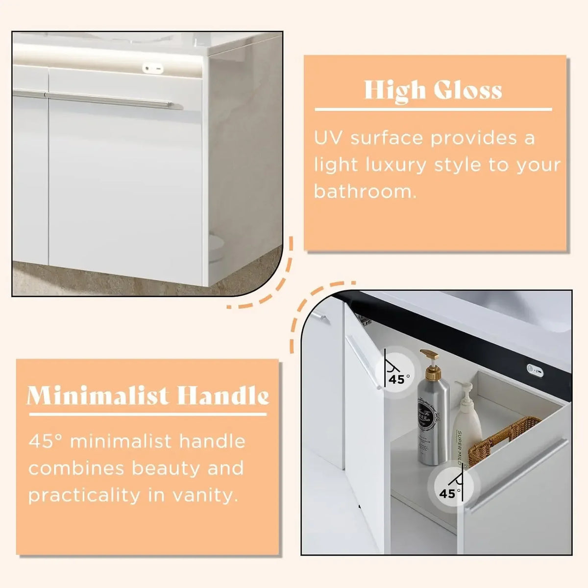 60"LED Floating Bathroom Double Vanity with Sink Combo, Modern High Gloss Wall Mounted Bathroom Storage Cabinet with 3 Hole Sink